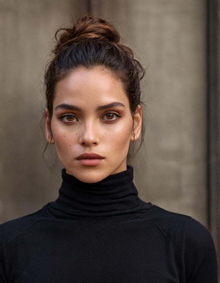 Dark Moody Atmosphere,  close-up outdoor editorial portrait of a celebrity,  focusing on their face and shoulders. The set...