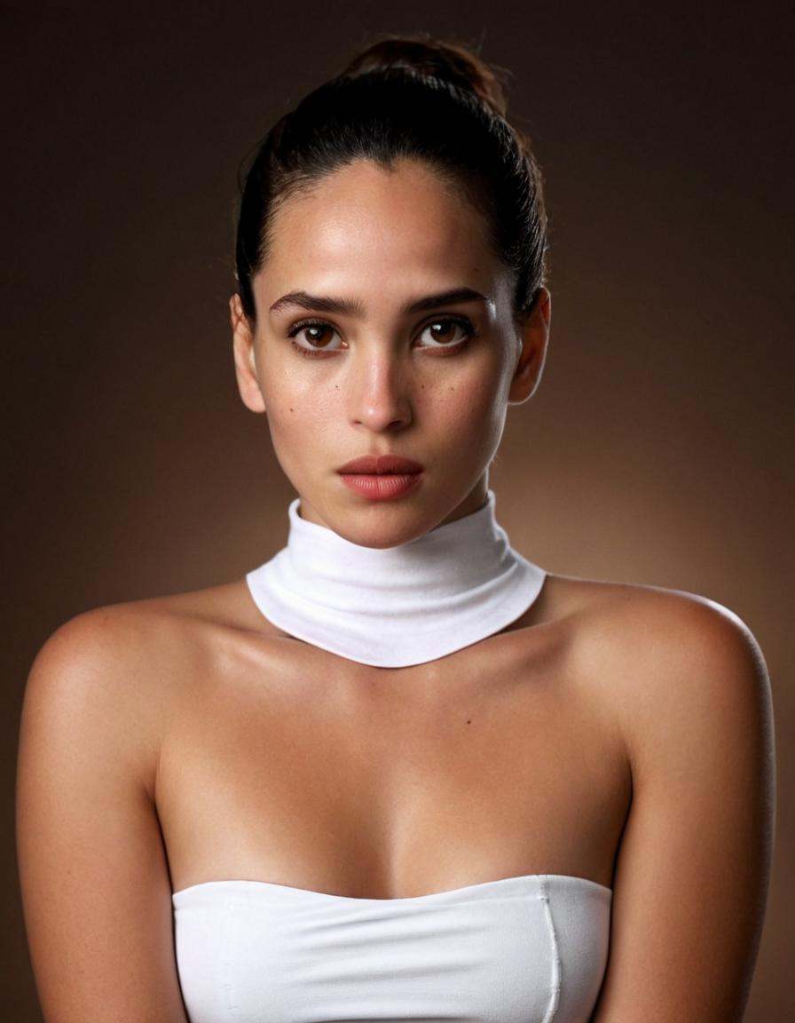 Create a hyperrealistic,  editorial portrait of a woman,  tightly framed on her face. Her expression is peaceful and calm....