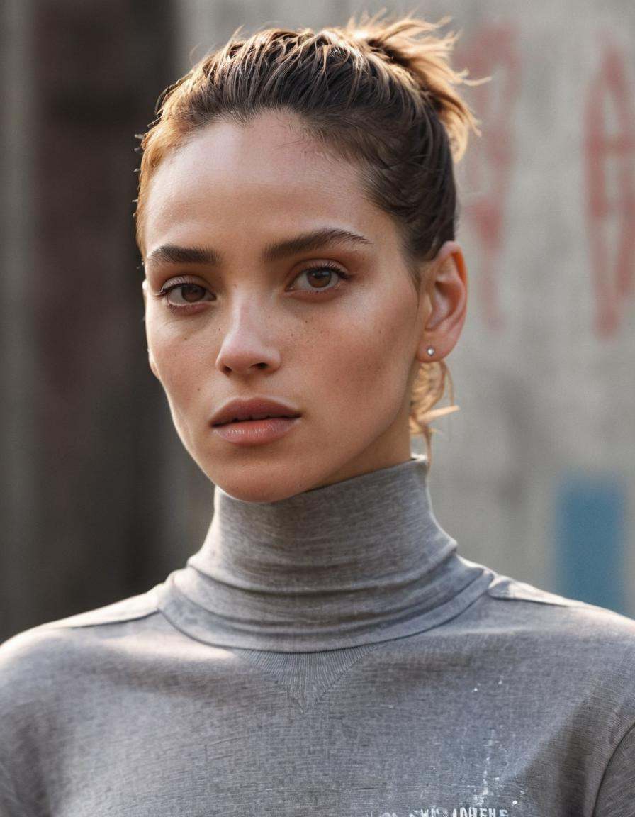 close-up outdoor editorial portrait of a celebrity,  focusing on their face and shoulders. The setting is urban but subtly...