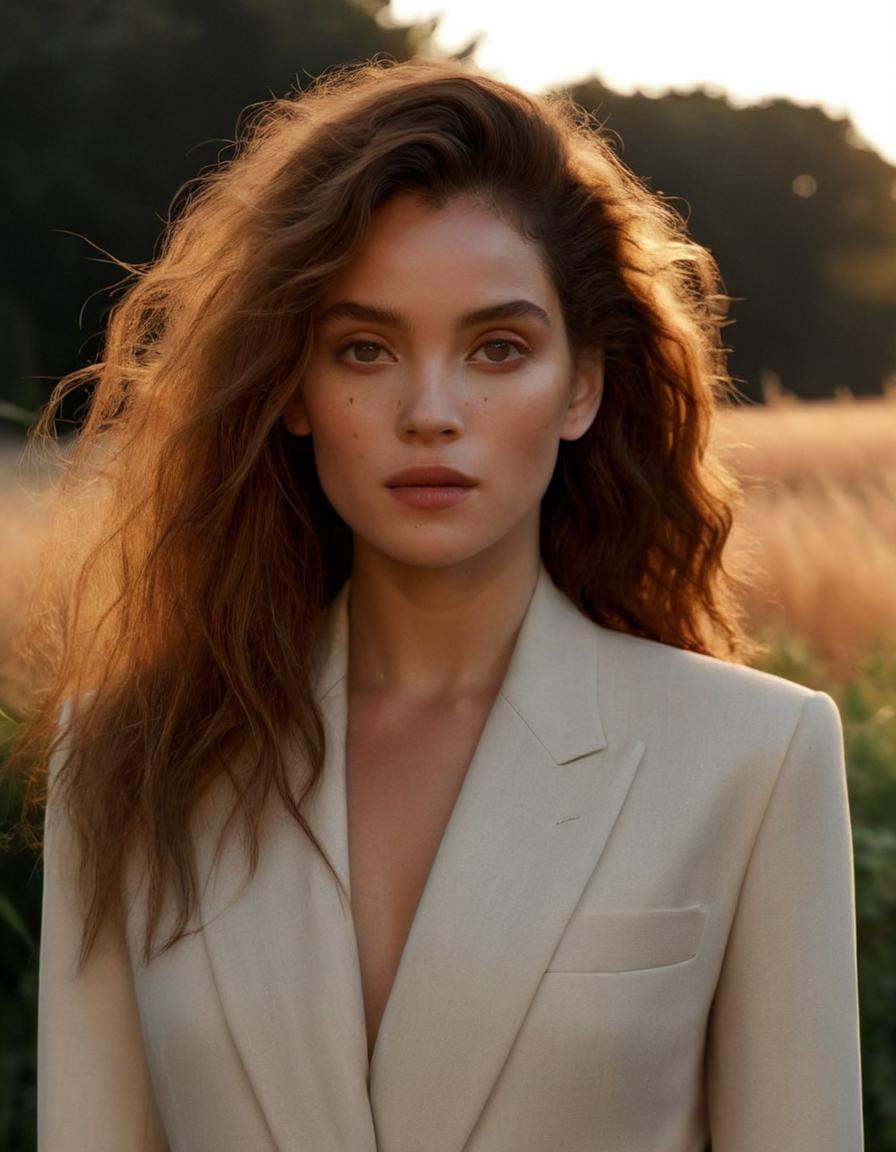 Create a hyperrealistic outdoor editorial portrait of a celebrity,  framed closely for an intimate and personal feel. The...