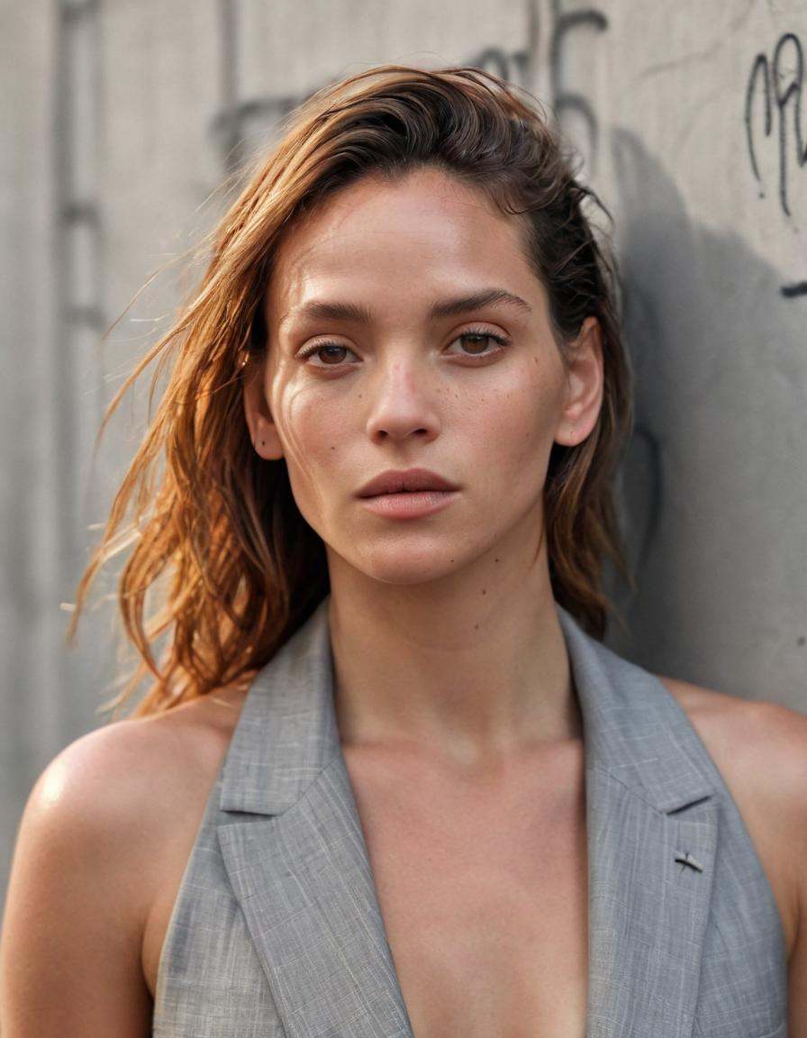 Realistic close-up outdoor editorial portrait of a celebrity,  focusing on their face and shoulders. The setting is urban...