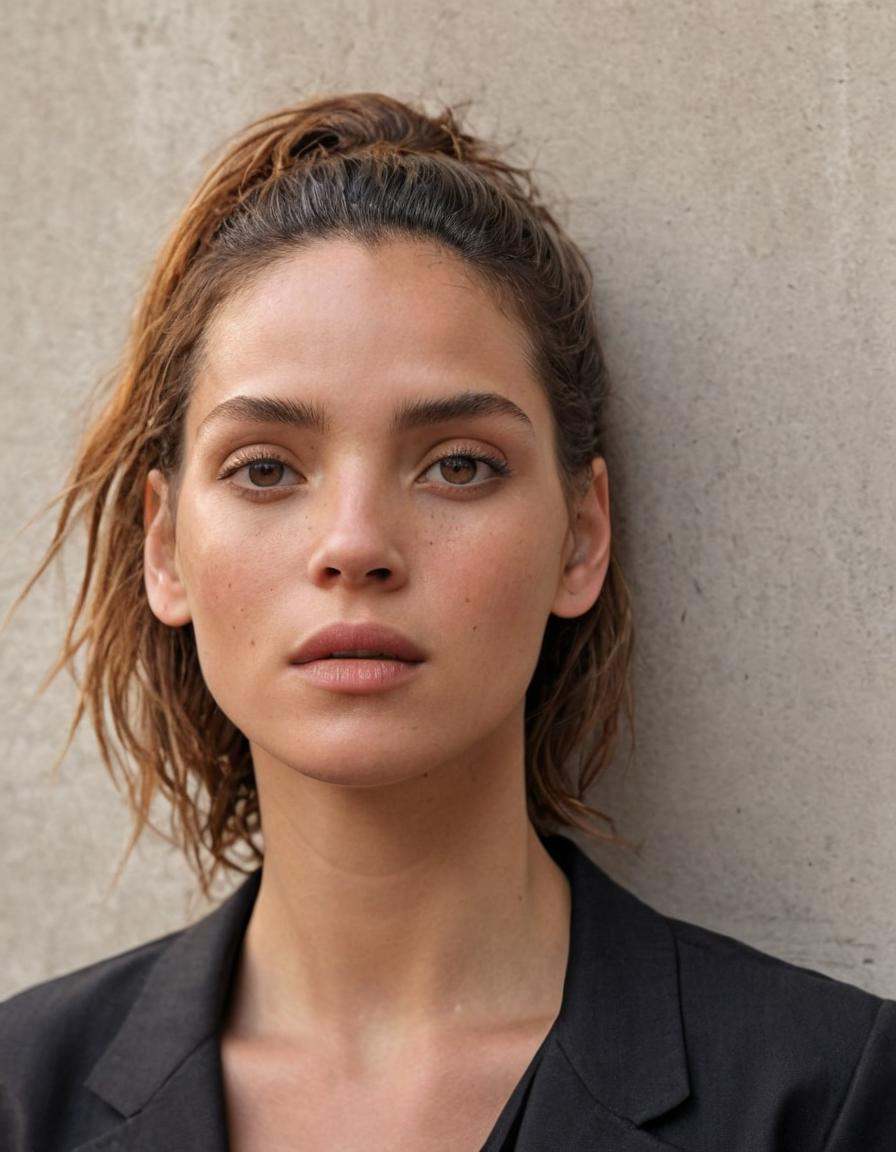 Create a hyperrealistic,  close-up outdoor editorial portrait of a celebrity,  focusing on their face and shoulders. The s...