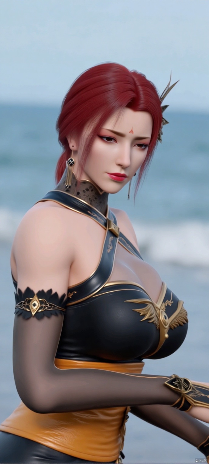  (high definition, Best quality, masterpiece, 4K, exquisite skin), YaFei, 1girl, solo,cleavage, seaside, (cowboy_shot), learning forward