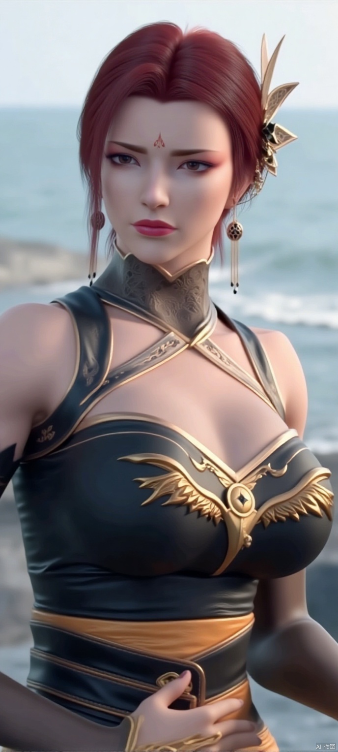  (high definition, Best quality, masterpiece, 4K, exquisite skin), YaFei, 1girl, solo,cleavage, seaside, cowboy_shot, learning forward