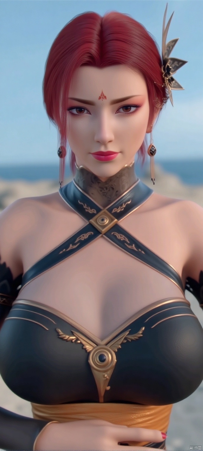  (high definition, Best quality, masterpiece, 4K, exquisite skin), YaFei, solo,cleavage, seaside, cowboy_shot, learning forward