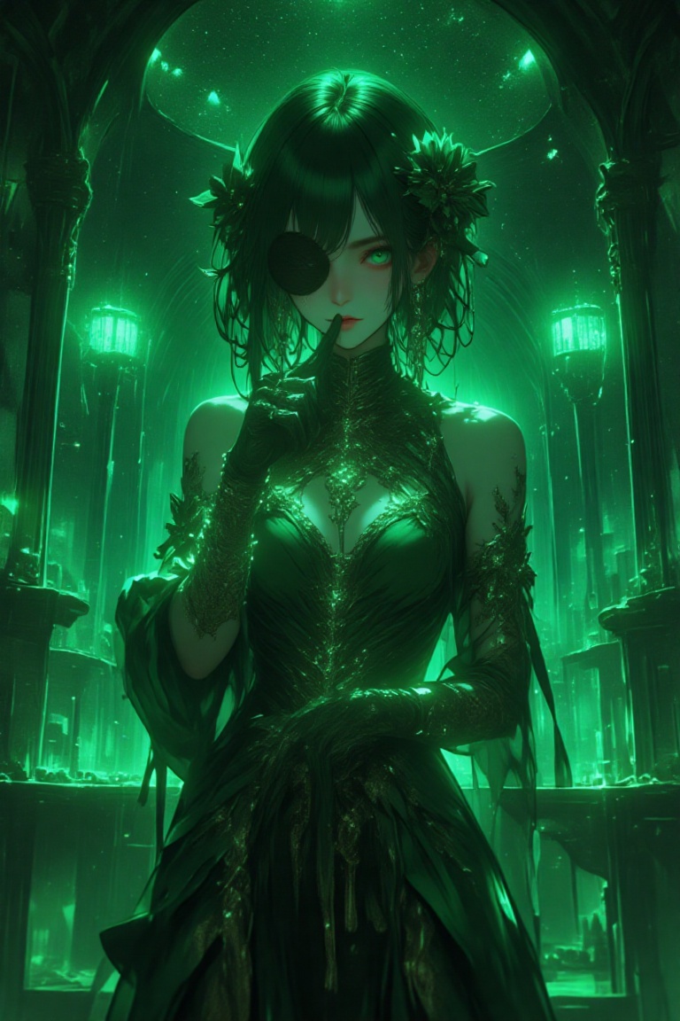 A solo girl stands in a dimly lit chamber with velvety gren walls and a starry night sky ceiling. She wears a breathtaking...
