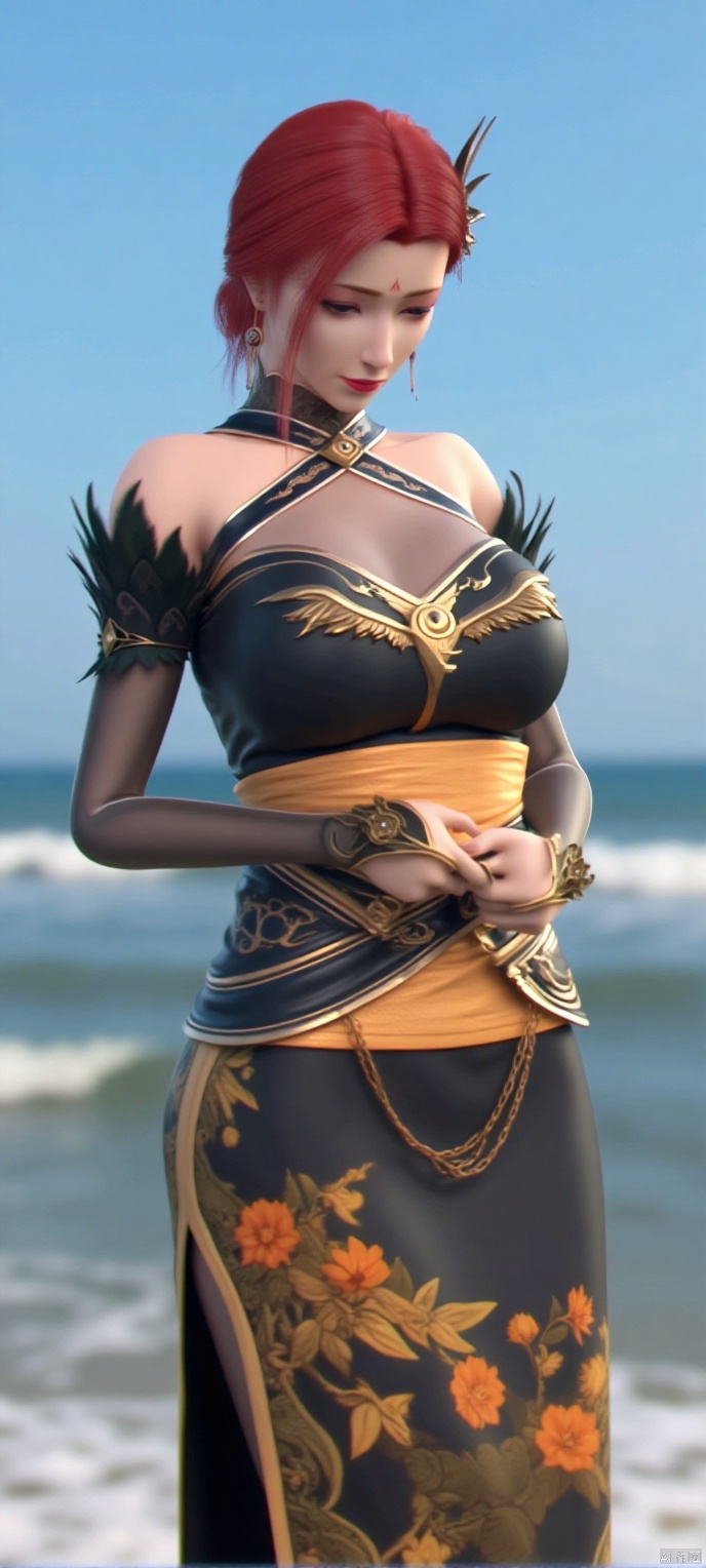  (high definition, Best quality, masterpiece, 4K, exquisite skin), YaFei, 1girl, solo,cleavage, seaside, (cowboy_shot), learning forward