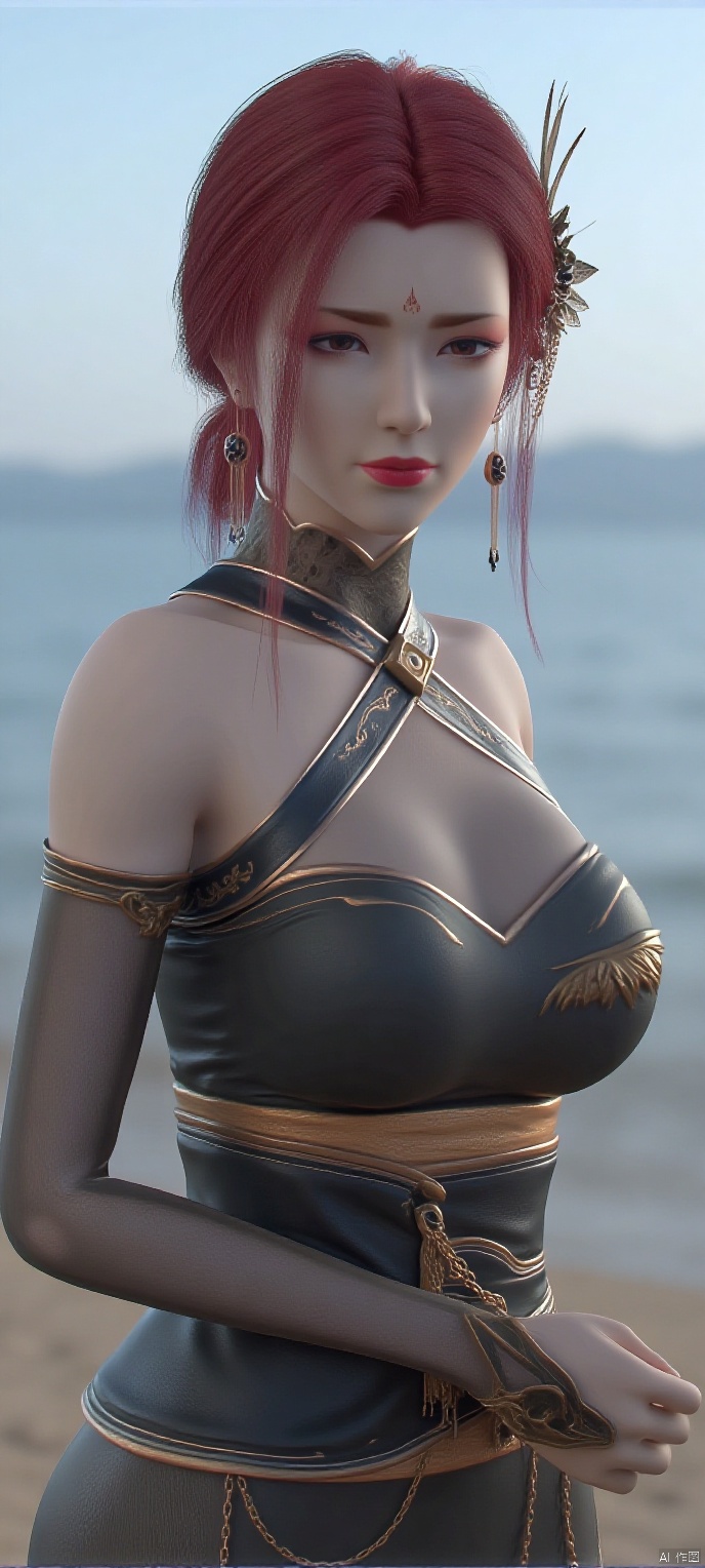  (high definition, Best quality, masterpiece, 4K, exquisite skin), YaFei, solo, seaside, (cowboy_shot), learning forward