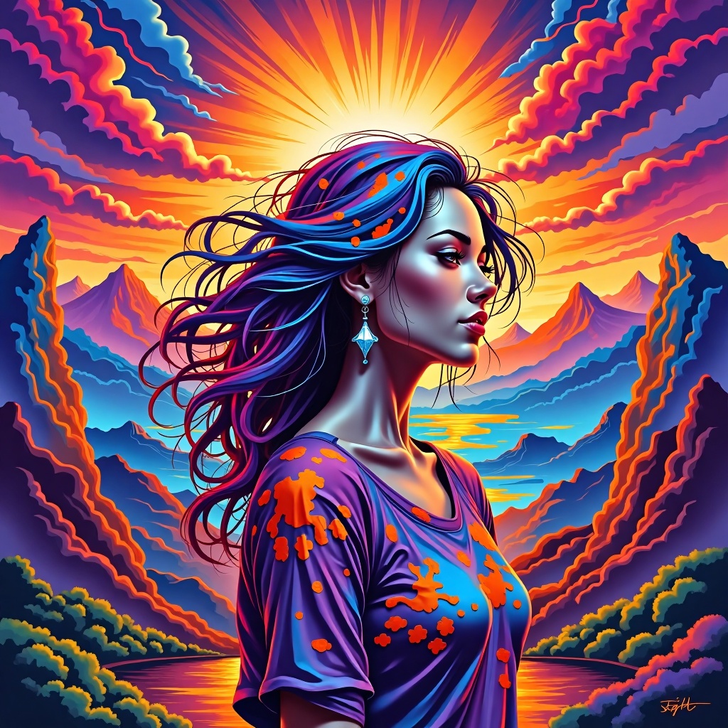A digital art painting of a woman with long,  wavy hair stands in front of a backdrop of mountains. The woman's body is co...