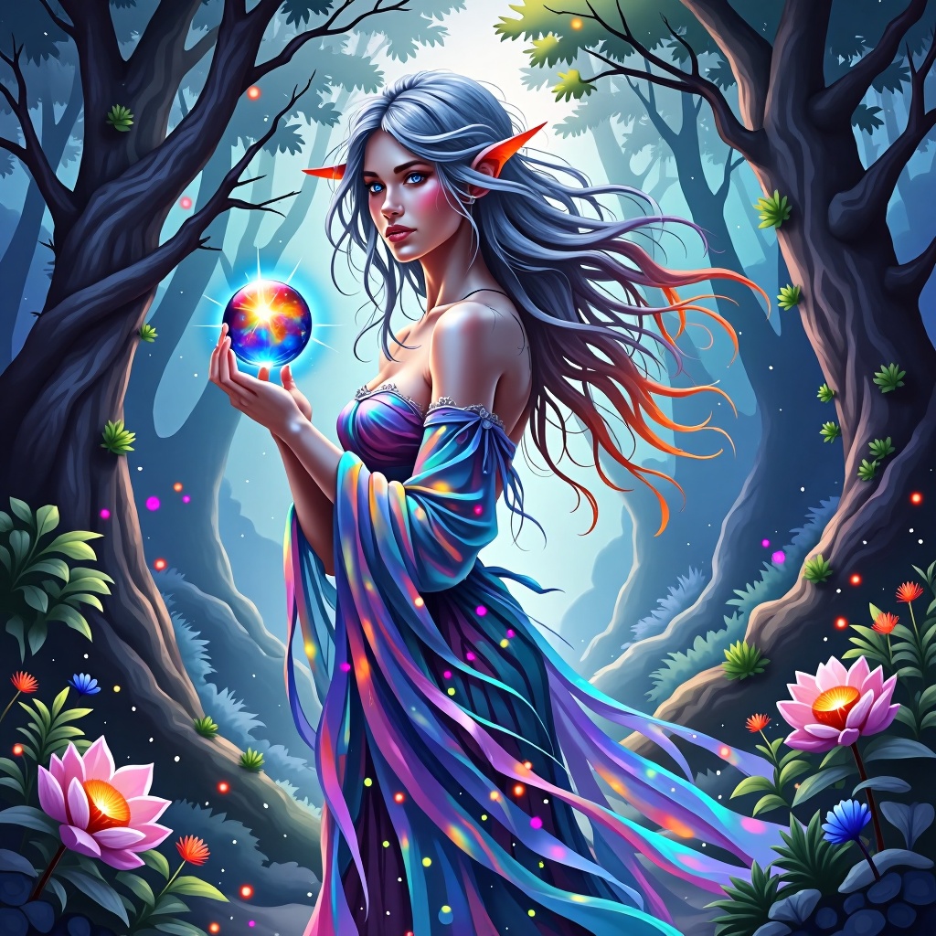 Create a digital art painting of a woman standing in a mystical forest. She has long,  flowing silver hair that glows soft...