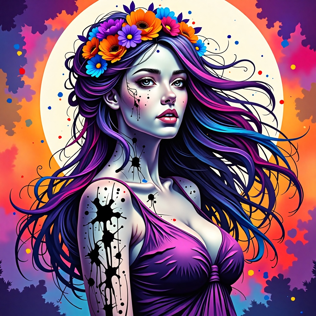A digital art painting of a woman with long dark hair,  a white face,  and dark eyes. The woman's hair is a vibrant shade...