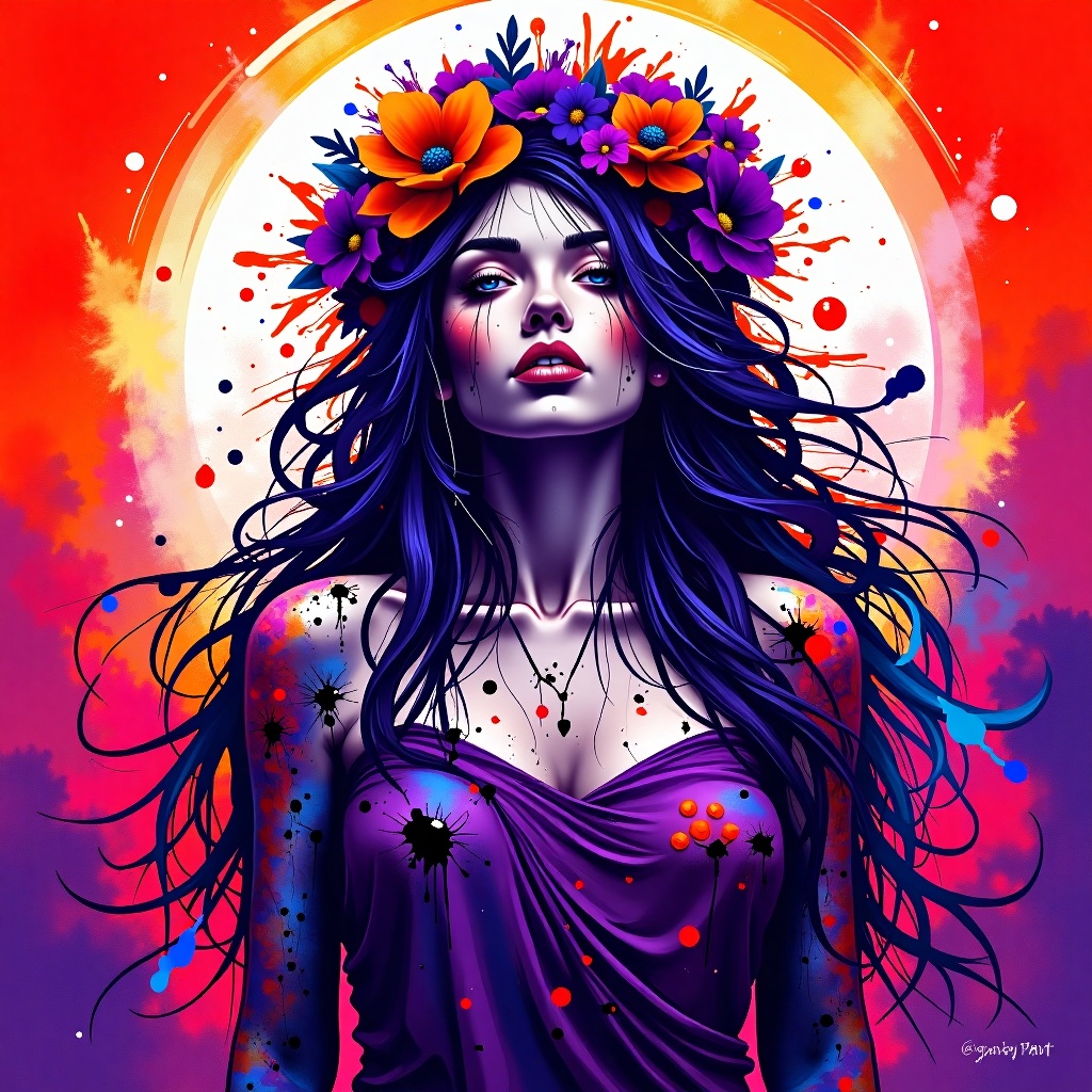 A digital art painting of a woman with long dark hair,  a white face,  and dark eyes. The woman's hair is a vibrant shade...