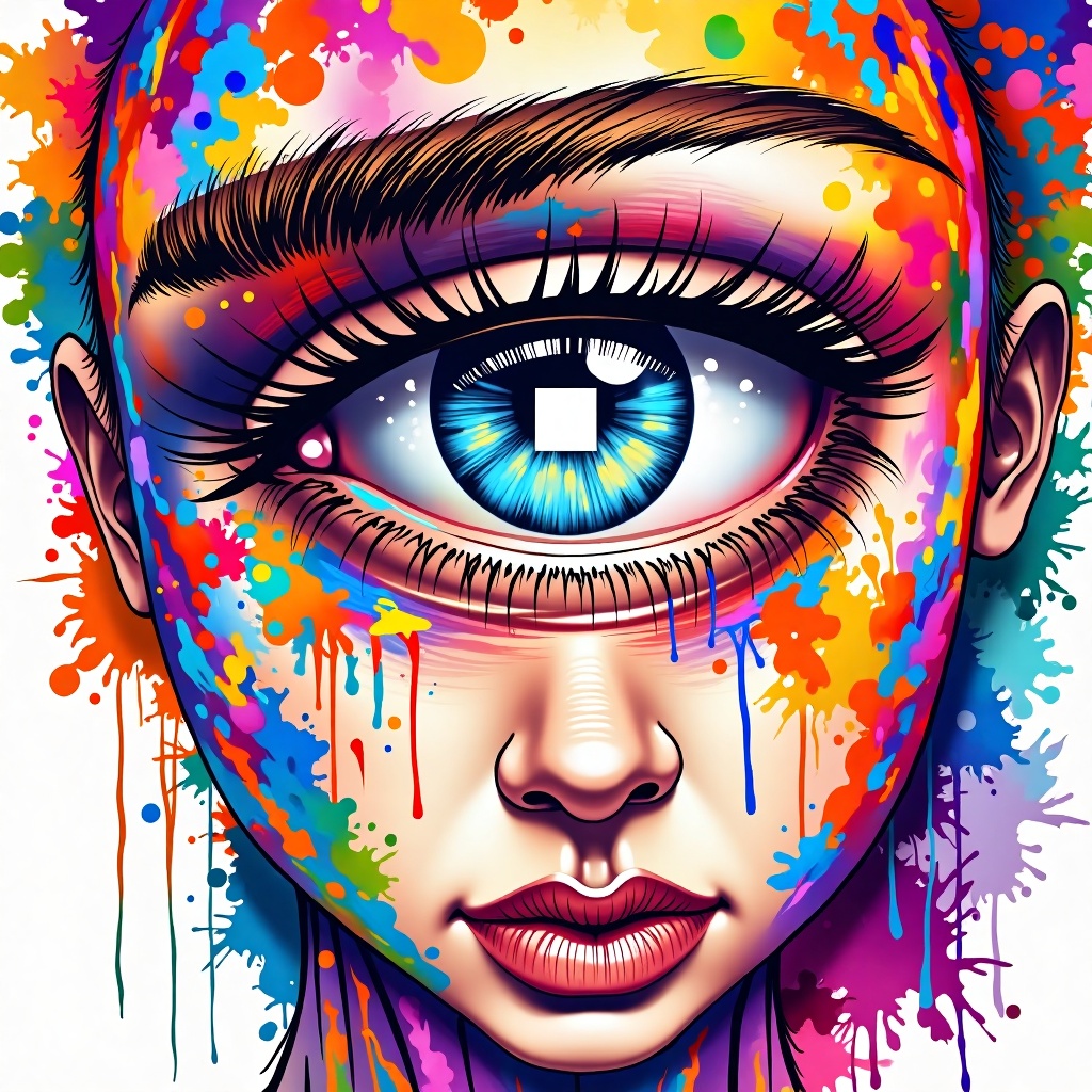An eye-level view of a woman's face is depicted in a close-up fashion,  with a blue iris in the center of the frame. The e...