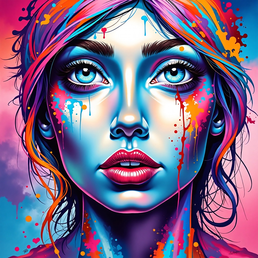 An eye-level painting of a woman's face,  painted in a vibrant blue and pink color scheme. Her eyes are a piercing blue,...