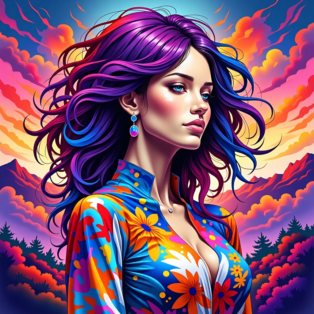A digital art painting of a woman with long,  wavy black hair. The woman's hair is a vibrant shade of purple,  while her b...