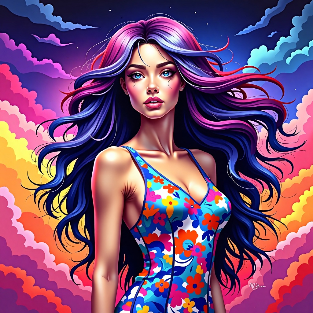A digital art painting of a woman with long,  wavy black hair. The woman's hair is a vibrant shade of purple,  while her b...