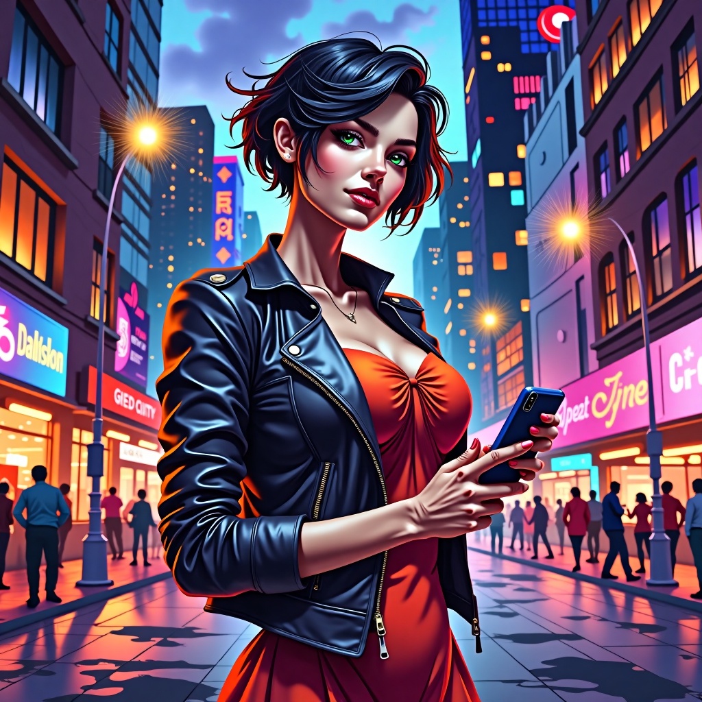 Create a digital art painting of a modern woman standing on a bustling city street at dusk. She has short,  stylishly cut...