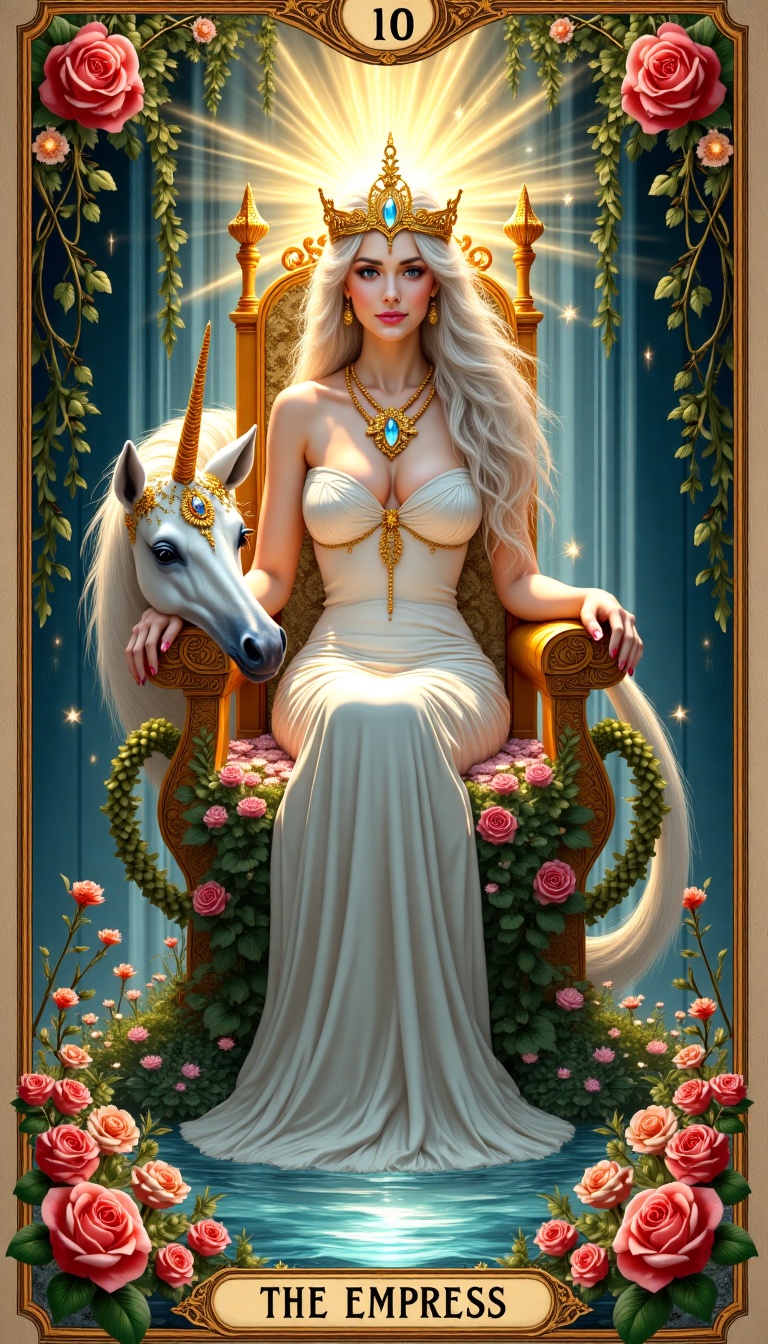Tarot card of 'The Empress' depicted as a radiant woman seated on a throne of entwined roses and vines. She wears a golden...