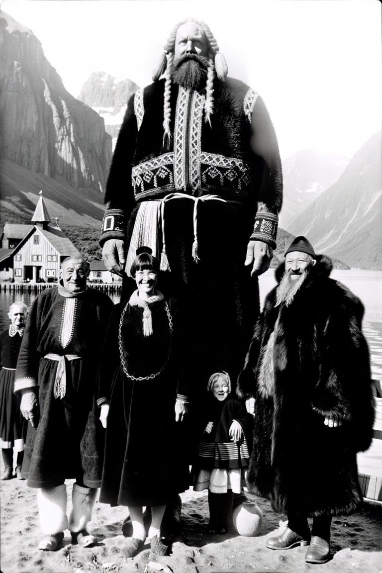An early black-and-white f&Dgiantphoto film capturing a towering native giant in traditional Norwegian attire,  wearing a...