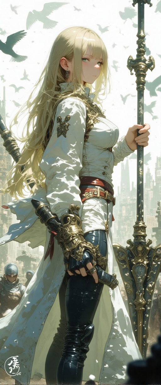 Here is your prompt: From a magnificent wide-angle profile shot,  a solo female warrior stands confidently amidst a chaoti...