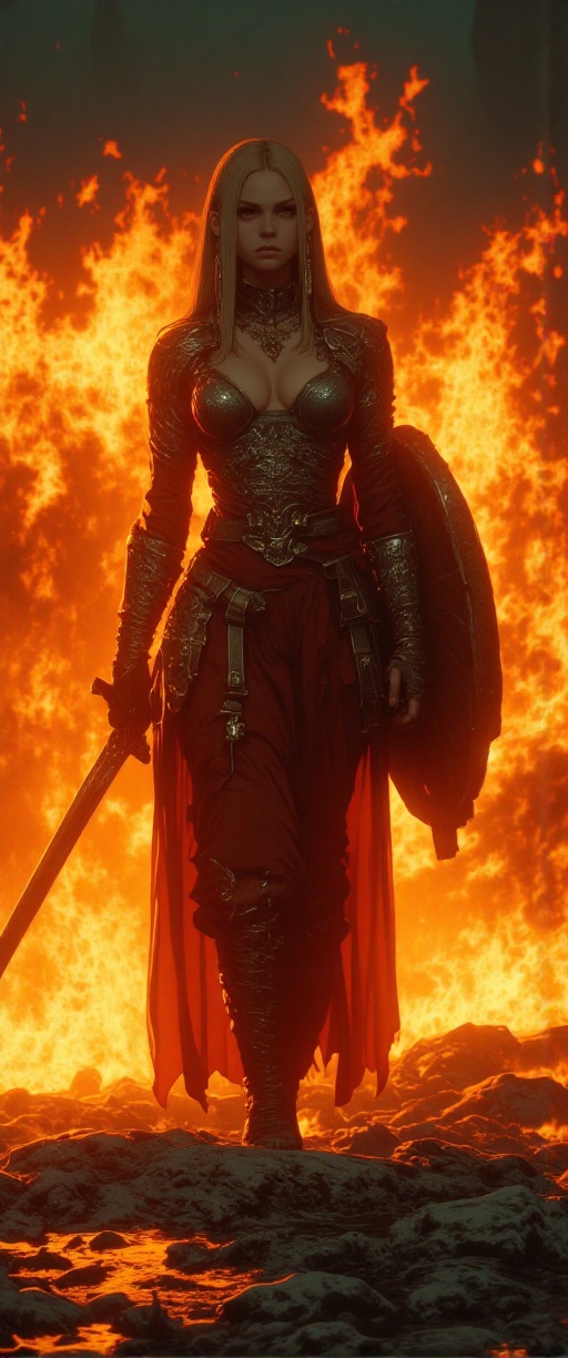 Scene setting: Brünnhilde walks through a burning battlefield,  the flames raging like a tornado,  but she remains unshaka...