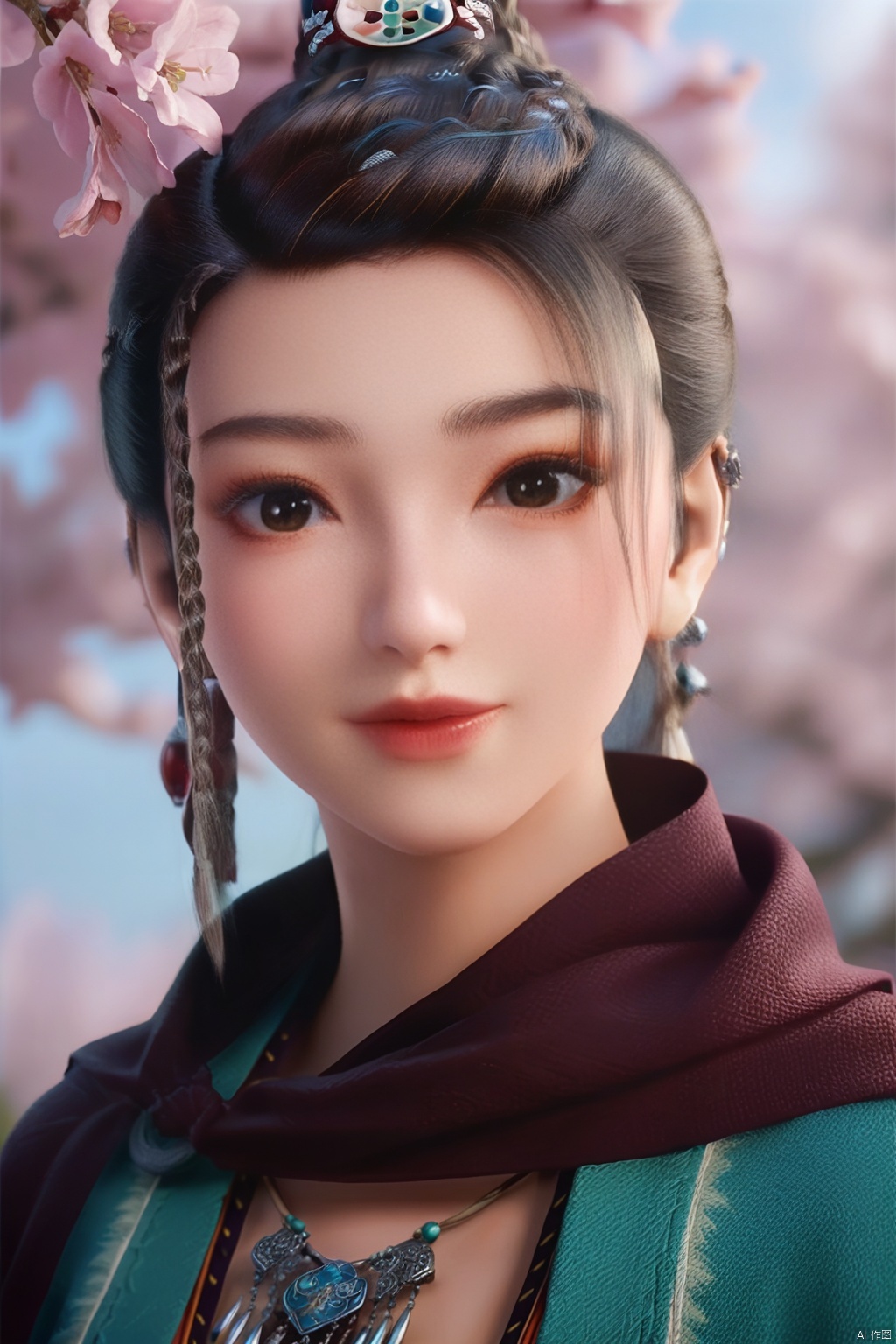 masterpiece, best quality, masterpiece,best quality,official art,extremely detailed CG unity 8k wallpaper,1girl,solo,looking at viewer,jewelry,braid,earrings,scarf,lips,ear piercing,black-hair,Cherry Blossoms,(looking at viewer:1.3),portrait
