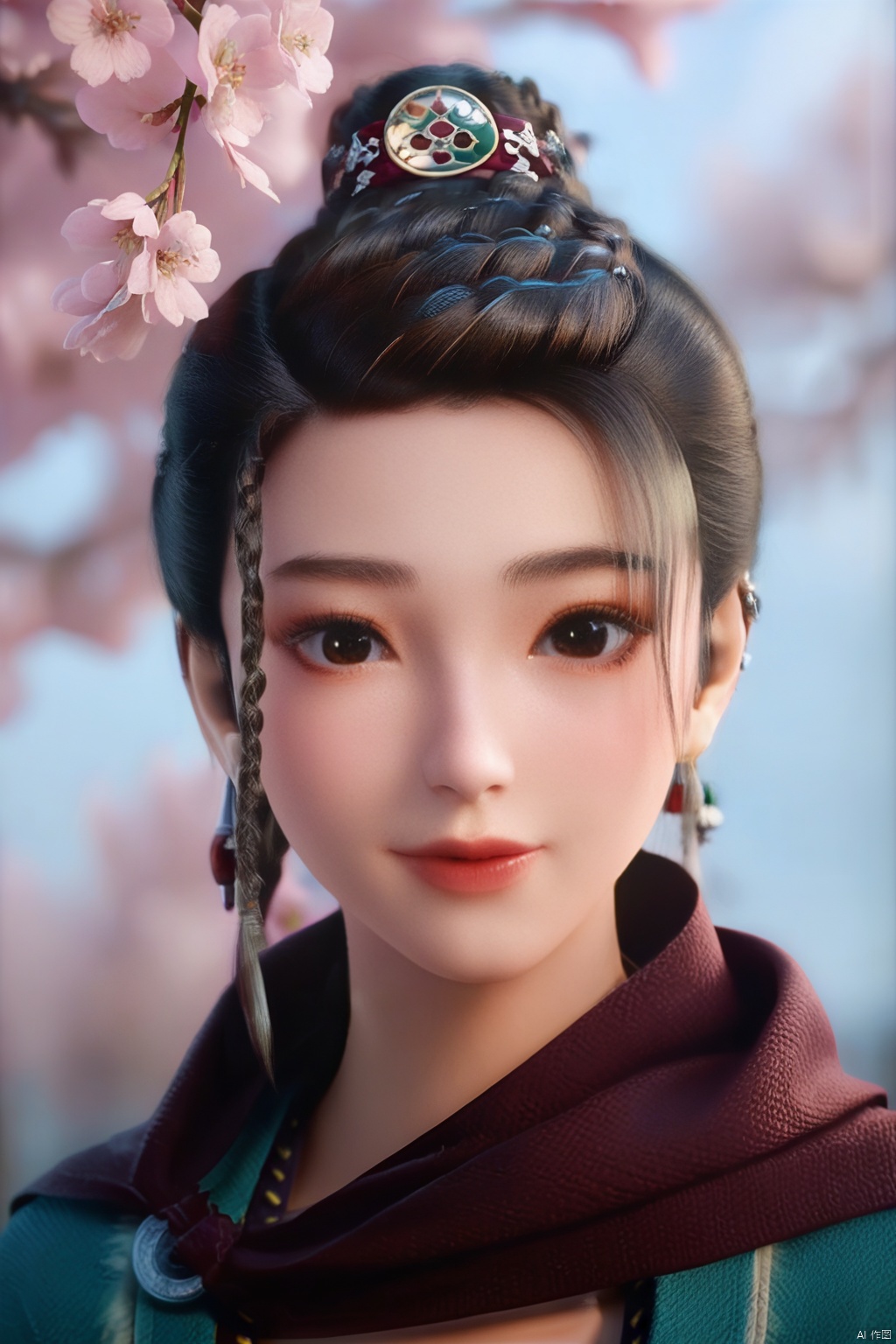 masterpiece, best quality, masterpiece,best quality,official art,extremely detailed CG unity 8k wallpaper,1girl,solo,looking at viewer,jewelry,braid,earrings,scarf,lips,ear piercing,black-hair,Cherry Blossoms,(looking at viewer:1.3),portrait