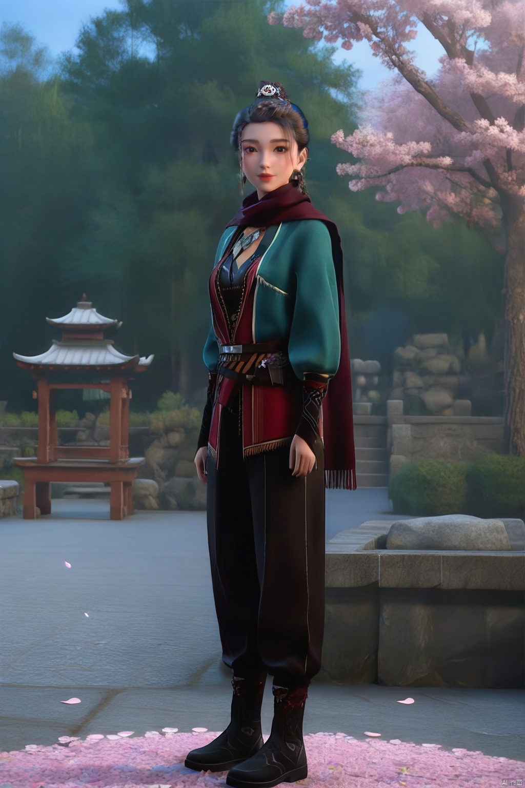 masterpiece, best quality, masterpiece,best quality,official art,extremely detailed CG unity 8k wallpaper,1girl,solo,looking at viewer,jewelry,braid,earrings,scarf,lips,piercing,ear piercing,black-hair,（black footwear）,shoes,pants,looking up,tree,stone,flower,petals,butterfly,full body,Cherry Blossoms,standing,(looking at viewer:1.3)