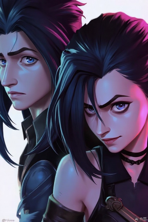 Battle of the Twin Cities Poster Style
An animated image of two characters
a male and a female
both with long dark hair and blue eyes. The female is wearing a black outfit with pink accents