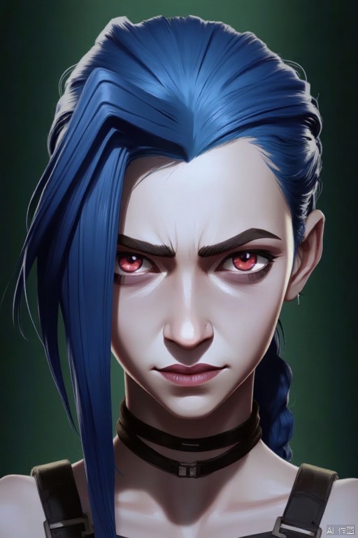 Battle of the Twin Cities Poster Style
An animated portrait of a woman with blue hair. The woman's face is white and her eyes are red. Her hair is a vibrant shade of blue. Her eyebrows are a darker shade of pink. Her nose is a lighter shade of white. Her lips are a dark pink color. Her ears are a light brown color. The background is a dark green.