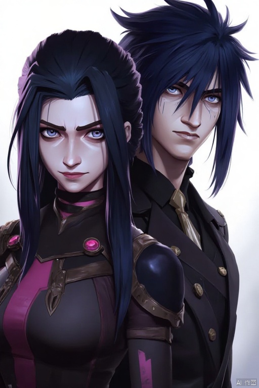 Battle of the Twin Cities Poster Style
An animated image of two characters
a male and a female
both with long dark hair and blue eyes. The female is wearing a black outfit with pink accents