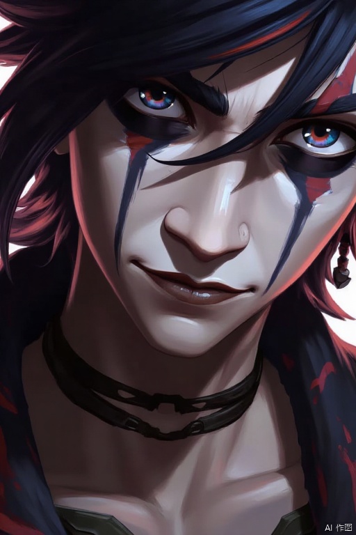 Battle of the Twin Cities Poster Style
a cartoon character is depicted in a close-up shot. The character's face is adorned with a white face
adorned with black and red accents. His eyes are a piercing blue