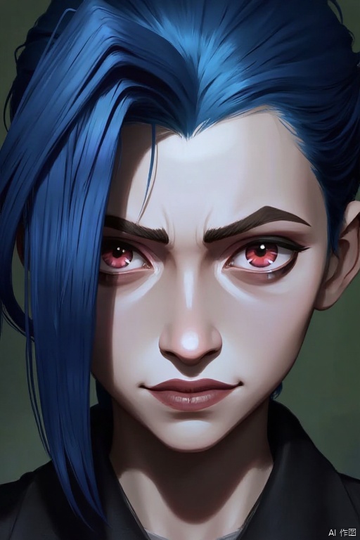 Battle of the Twin Cities Poster Style
An animated portrait of a woman with blue hair. The woman's face is white and her eyes are red. Her hair is a vibrant shade of blue. Her eyebrows are a darker shade of pink. Her nose is a lighter shade of white. Her lips are a dark pink color. Her ears are a light brown color. The background is a dark green.