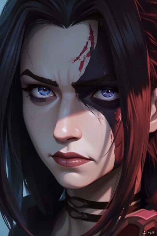 Battle of the Twin Cities Poster Style
a cartoon character is depicted in a close-up shot. The character's face is adorned with a white face
adorned with black and red accents. His eyes are a piercing blue