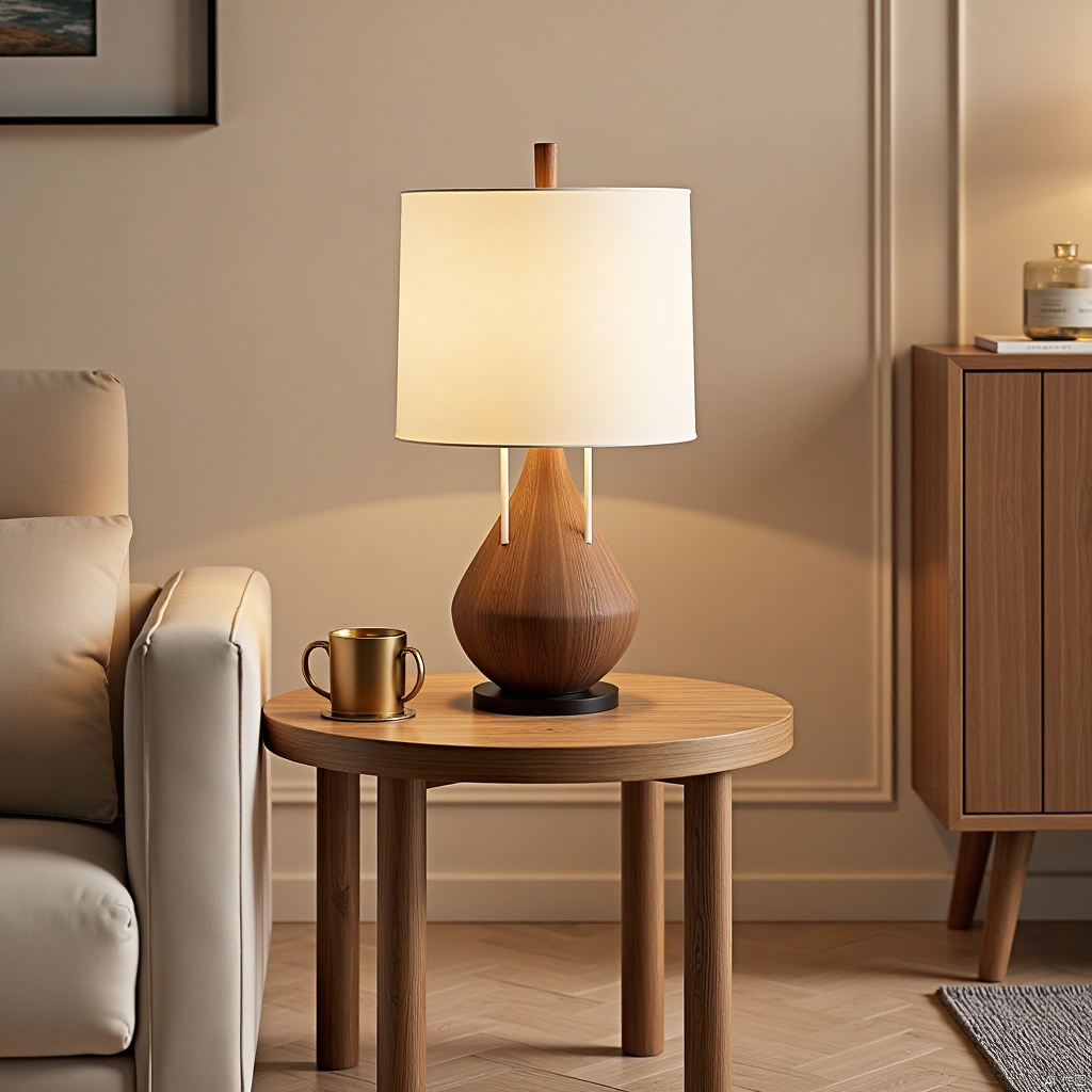 a medium-sized wooden table is adorned with a gold-colored lamp with a white lampshade. The lamp's base is a dark brown wood

with two white handles protruding from the base. The base is black

with a black base. A small gold mug is placed on the left side of the table

adding a touch of warmth to the scene. To the right of the lamp

a light brown cabinet is visible

providing a glimpse into the interior of the room. The floor beneath the table is made of light-colored wood

and a gray rug is visible. The wall behind the table and chair is a light beige

and there is a framed picture above the cabinet.




