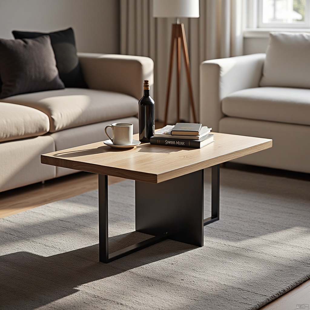 a sleek

modern coffee table stands on a gray carpet in a living room. The table is made of a light brown wood

with a black metal base and metal legs. On top of the table is a black bottle

a white coffee cup

and two books. The books are stacked on top of each other

adding a touch of nature to the scene. In the background

a beige sofa is visible

along with a white armchair. The sofa is adorned with a dark gray pillow

and a white lamp is positioned in the upper right corner of the frame. The lamp casts a shadow on the floor

