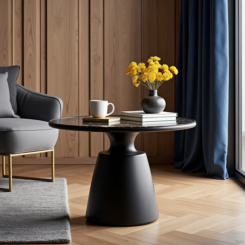 a black round coffee table stands on a hardwood floor. The table is adorned with a black marble top

adorned with gold accents. A white coffee mug is placed on the top of the table

along with books and a vase of yellow flowers. The vase is placed in the center of the room

adding a touch of contrast to the composition. To the left of the coffee table

a gray armchair is positioned against a wooden wall

with a gold metal base. A gray rug sits on the floor in front of it. A blue curtain is visible on the right of the image. A sliding glass door can be seen on the left

providing a glimpse into the room.




