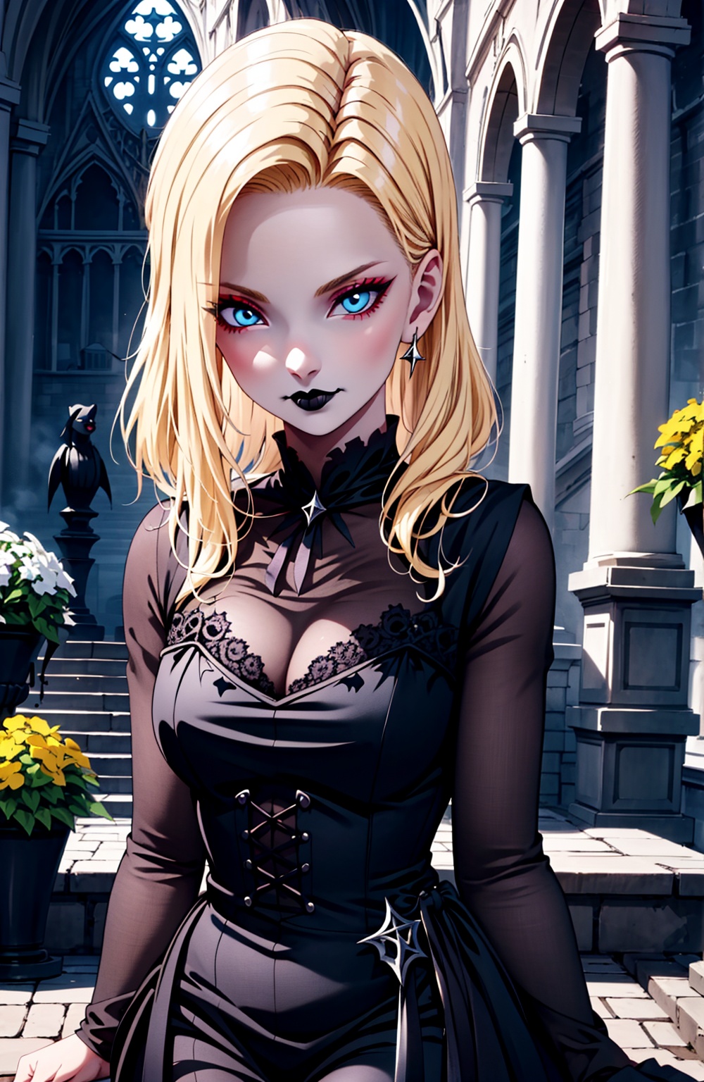 in a garden,  black lipstick,  blonde hair on Tensor.Art