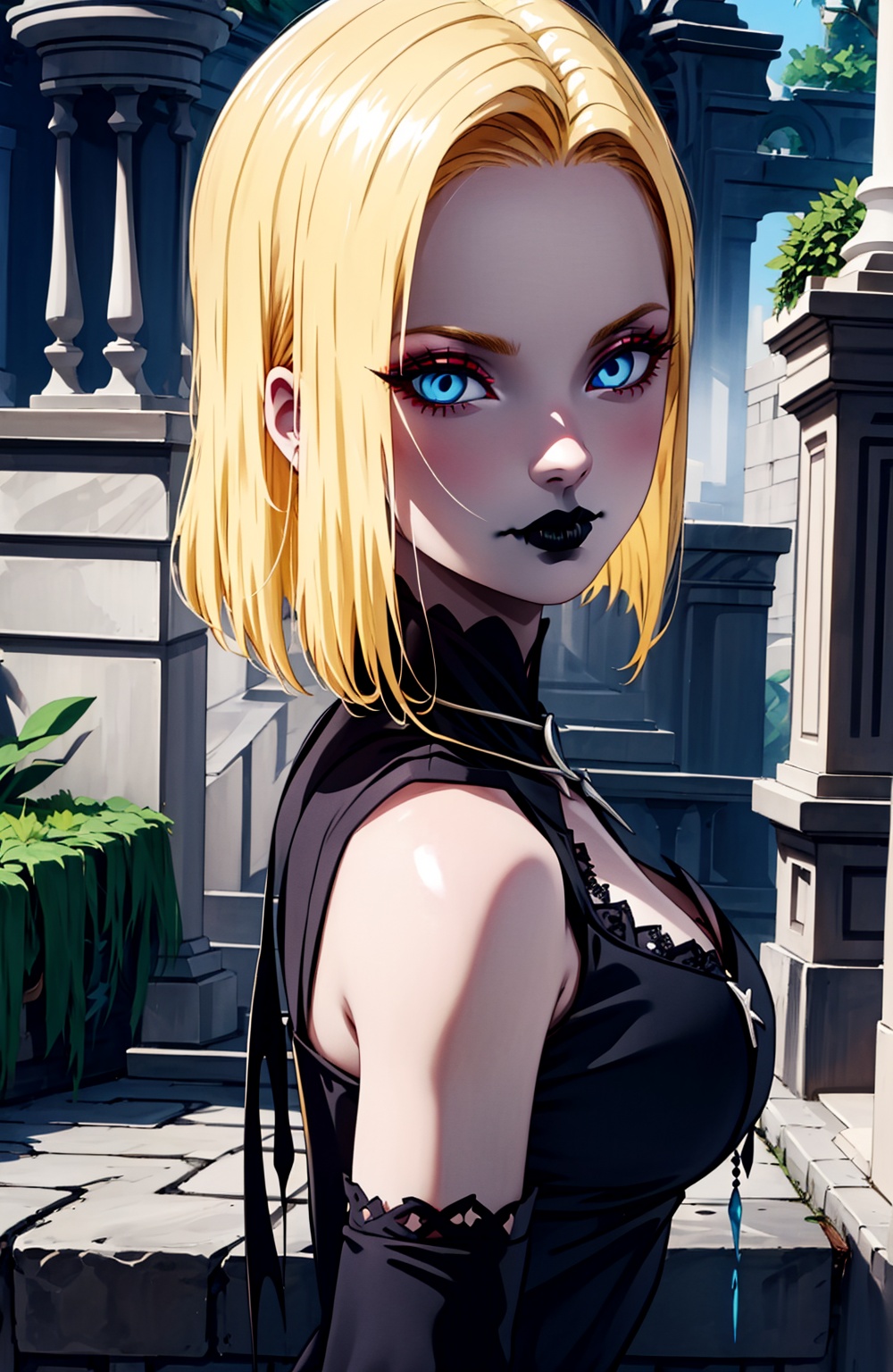 in a garden,  black lipstick,  blonde hair on Tensor.Art