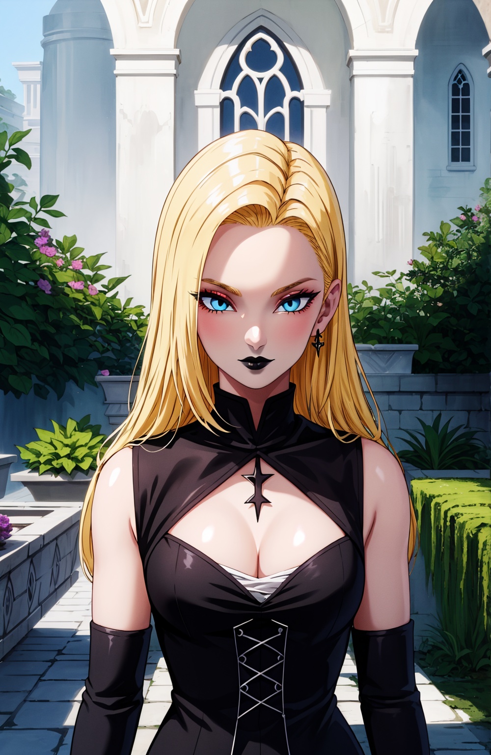 in a garden,  black lipstick,  blonde hair on Tensor.Art
