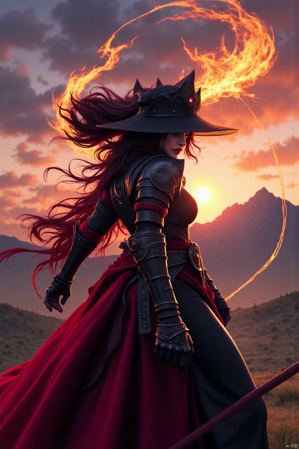 In a realm far beyond mortal ken lies the mystical land of Zephyria, where magic suffuses every corner and ancient secrets linger in the mists of time. Amidst the rolling hills and towering peaks dwells a clan of warrior maidens known as the Crimson Blades, sworn defenders of the innocent and scourges of evil-doers.
Our story begins on the eve of battle, as the last rays of Solaris paint the sky in hues of crimson and gold. Upon a windswept plain stands Akira, mightiest among her sisters-in-arms.
Her armor, forged from enchanted steel imbued with arcane energies, gleams like polished obsidian beneath the dying light. An aura of power emanates from her form, crackling with barely contained fury.
Upon her brow rests a wide-brimmed hat crafted from the hide of a legendary beast, its eye sockets glowing with eldritch fire. Raven locks whip about her face, dancing in the tempestuous breeze that heralds the coming storm.
impressionist painting, loose brushwork, vibrant color, light and shadow play, captures feeling over form, Oil Painting, surreal, digital artwork, 
beautiful, painterly, detailed, textural, artistic, aesthetic, intricate details, highly detailed, ultra-detailed, absurdres, unreal engine, octane rendering, high saturation, high contrast, vivid, vibrant, volumetric lighting, 
fna_style,IMPROVED,MOTION BLUR