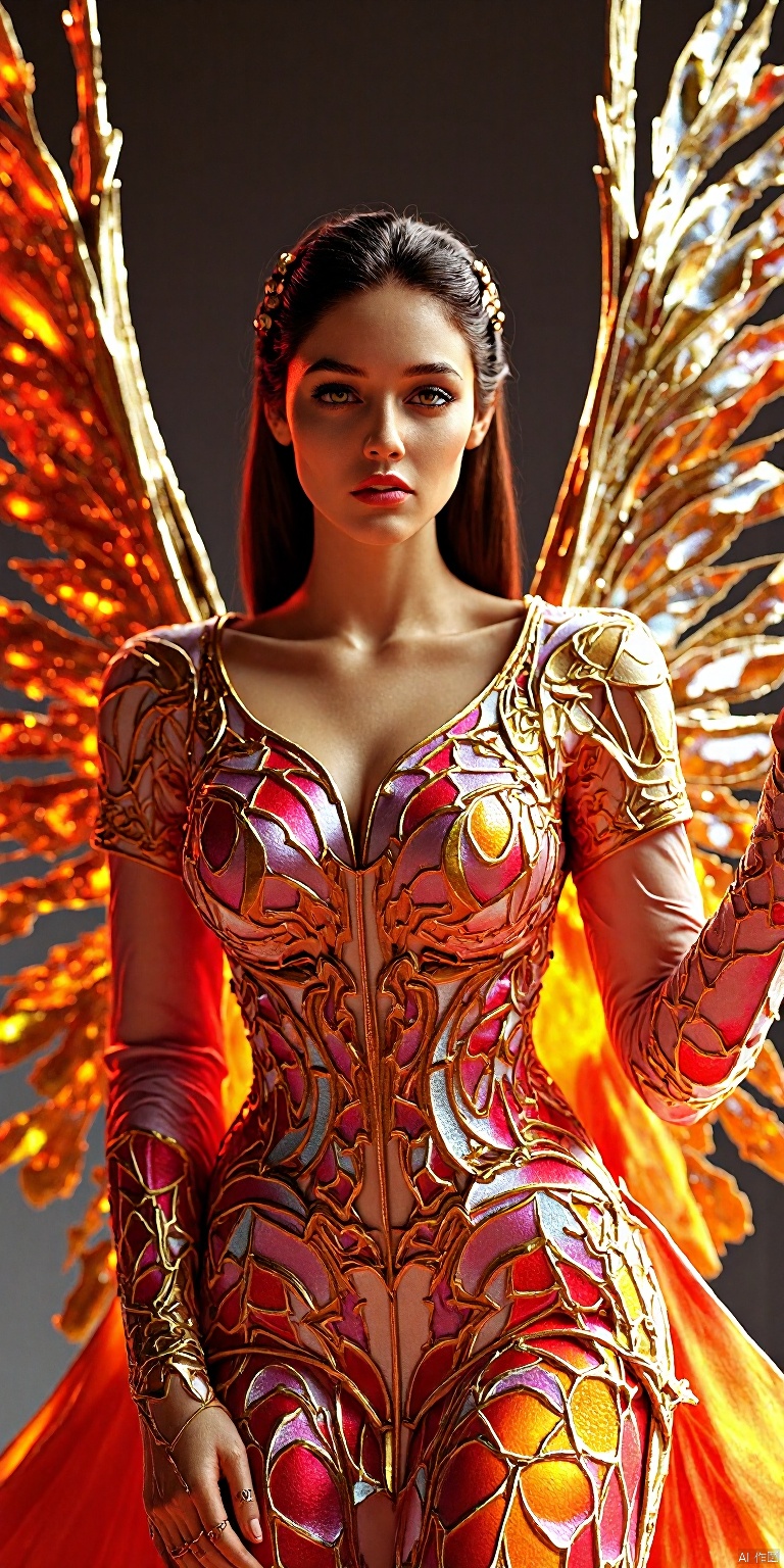 ZOZ_XUANHUAN
a woman is wearing a colorful, mirrored wings dress, in the style of global illumination, life-like avian illustrations, new british sculpture, unreal engine 5, stained-glass, light gold and red, high speed film,REFINEDBEAUTY_DA