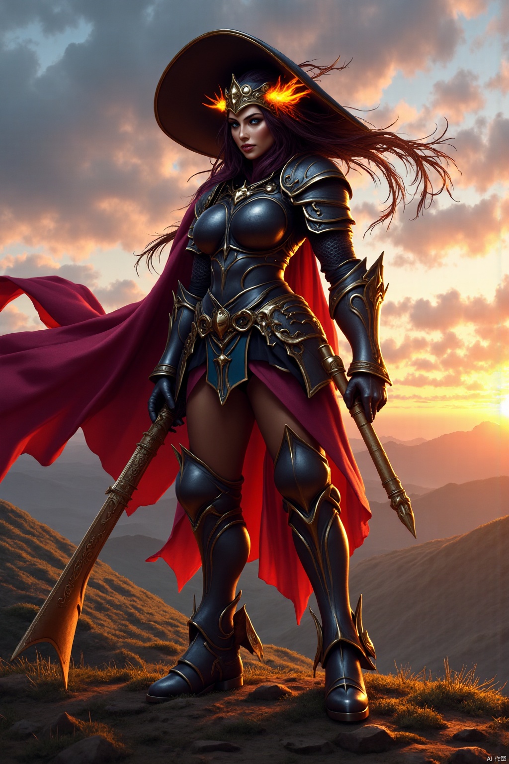 In a realm far beyond mortal ken lies the mystical land of Zephyria, where magic suffuses every corner and ancient secrets linger in the mists of time. Amidst the rolling hills and towering peaks dwells a clan of warrior maidens known as the Crimson Blades, sworn defenders of the innocent and scourges of evil-doers.
Our story begins on the eve of battle, as the last rays of Solaris paint the sky in hues of crimson and gold. Upon a windswept plain stands Akira, mightiest among her sisters-in-arms.
Her armor, forged from enchanted steel imbued with arcane energies, gleams like polished obsidian beneath the dying light. An aura of power emanates from her form, crackling with barely contained fury.
Upon her brow rests a wide-brimmed hat crafted from the hide of a legendary beast, its eye sockets glowing with eldritch fire. Raven locks whip about her face, dancing in the tempestuous breeze that heralds the coming storm.
impressionist painting, loose brushwork, vibrant color, light and shadow play, captures feeling over form, Oil Painting, surreal, digital artwork, 
beautiful, painterly, detailed, textural, artistic, aesthetic, intricate details, highly detailed, ultra-detailed, absurdres, unreal engine, octane rendering, high saturation, high contrast, vivid, vibrant, volumetric lighting, 
fna_style,IMPROVED