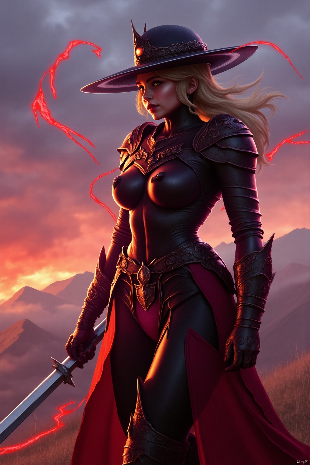 In a realm far beyond mortal ken lies the mystical land of Zephyria, where magic suffuses every corner and ancient secrets linger in the mists of time. Amidst the rolling hills and towering peaks dwells a clan of warrior maidens known as the Crimson Blades, sworn defenders of the innocent and scourges of evil-doers.
Our story begins on the eve of battle, as the last rays of Solaris paint the sky in hues of crimson and gold. Upon a windswept plain stands Akira, mightiest among her sisters-in-arms.
Her armor, forged from enchanted steel imbued with arcane energies, gleams like polished obsidian beneath the dying light. An aura of power emanates from her form, crackling with barely contained fury.
Upon her brow rests a wide-brimmed hat crafted from the hide of a legendary beast, its eye sockets glowing with eldritch fire. Raven locks whip about her face, dancing in the tempestuous breeze that heralds the coming storm.
impressionist painting, loose brushwork, vibrant color, light and shadow play, captures feeling over form, Oil Painting, surreal, digital artwork, 
beautiful, painterly, detailed, textural, artistic, aesthetic, intricate details, highly detailed, ultra-detailed, absurdres, unreal engine, octane rendering, high saturation, high contrast, vivid, vibrant, volumetric lighting, 
fna_style,IMPROVED,MOTION BLUR,SYMBIOTE STYLE
