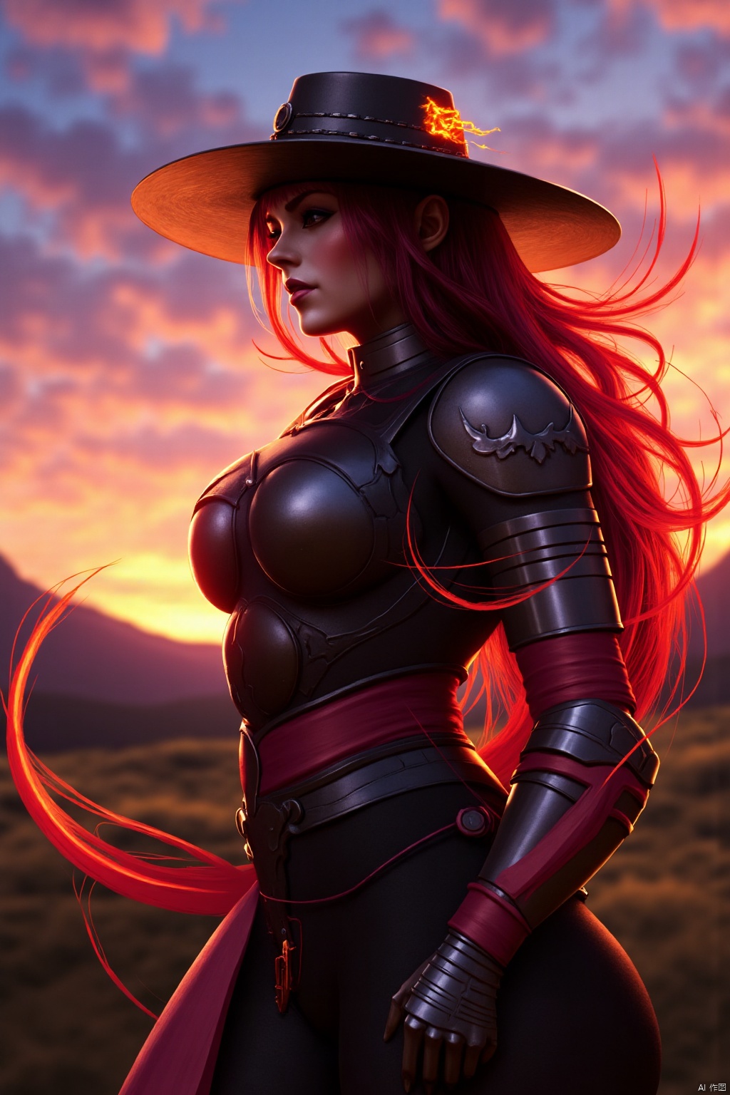 In a realm far beyond mortal ken lies the mystical land of Zephyria, where magic suffuses every corner and ancient secrets linger in the mists of time. Amidst the rolling hills and towering peaks dwells a clan of warrior maidens known as the Crimson Blades, sworn defenders of the innocent and scourges of evil-doers.
Our story begins on the eve of battle, as the last rays of Solaris paint the sky in hues of crimson and gold. Upon a windswept plain stands Akira, mightiest among her sisters-in-arms.
Her armor, forged from enchanted steel imbued with arcane energies, gleams like polished obsidian beneath the dying light. An aura of power emanates from her form, crackling with barely contained fury.
Upon her brow rests a wide-brimmed hat crafted from the hide of a legendary beast, its eye sockets glowing with eldritch fire. Raven locks whip about her face, dancing in the tempestuous breeze that heralds the coming storm.
impressionist painting, loose brushwork, vibrant color, light and shadow play, captures feeling over form, Oil Painting, surreal, digital artwork, 
beautiful, painterly, detailed, textural, artistic, aesthetic, intricate details, highly detailed, ultra-detailed, absurdres, unreal engine, octane rendering, high saturation, high contrast, vivid, vibrant, volumetric lighting, 
fna_style,IMPROVED,MOTION BLUR,SYMBIOTE STYLE