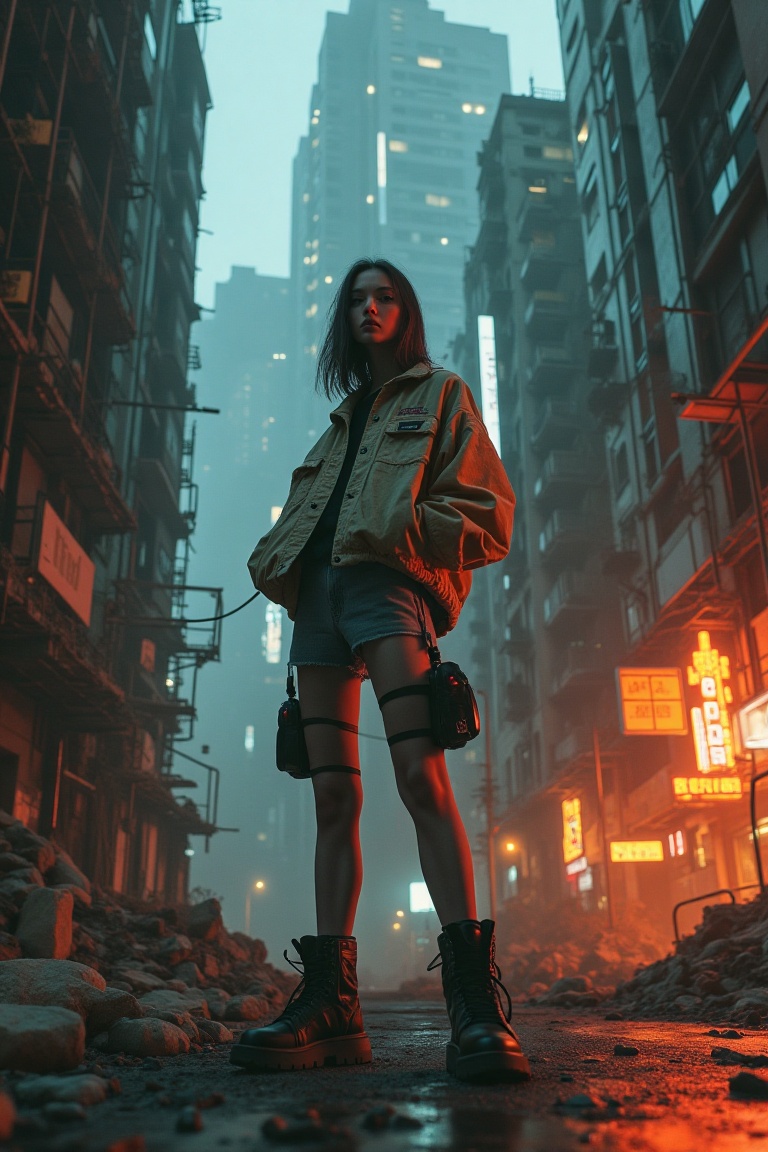 A lo-fi vibe scene featuring a girl in casual clothing,  standing in a dystopian cityscape. The girl is mid-shot,  with a...
