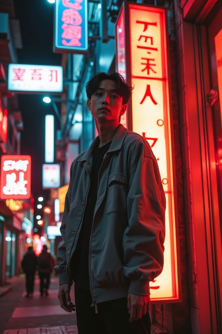 A lo-fi vibe scene featuring a Korean man standing on a fashionable street,  surrounded by stylish boutiques and neon sign...