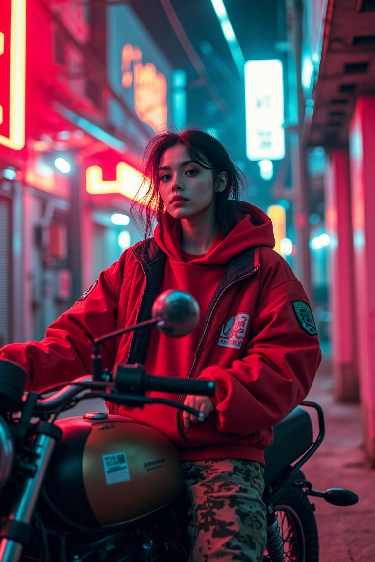 A lo-fi vibe scene featuring a girl in a red jacket,  hoodie,  and cargo pants on Tensor.Art