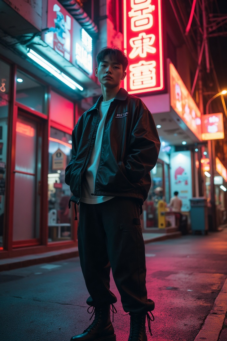 A lo-fi vibe scene featuring a Korean man standing on a fashionable street,  surrounded by stylish boutiques and neon sign...