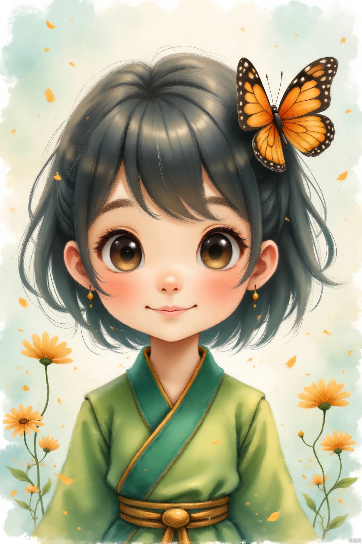 Beautiful girl, short hair, delicate face, half body, pure eyes, butterfly, long eyelashes, green clothing model